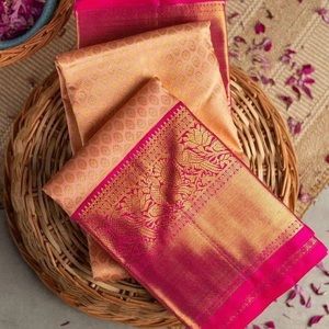 Peach Colore Kanchipuram Soft Lichi Silk Saree Bold And Beautiful Saree